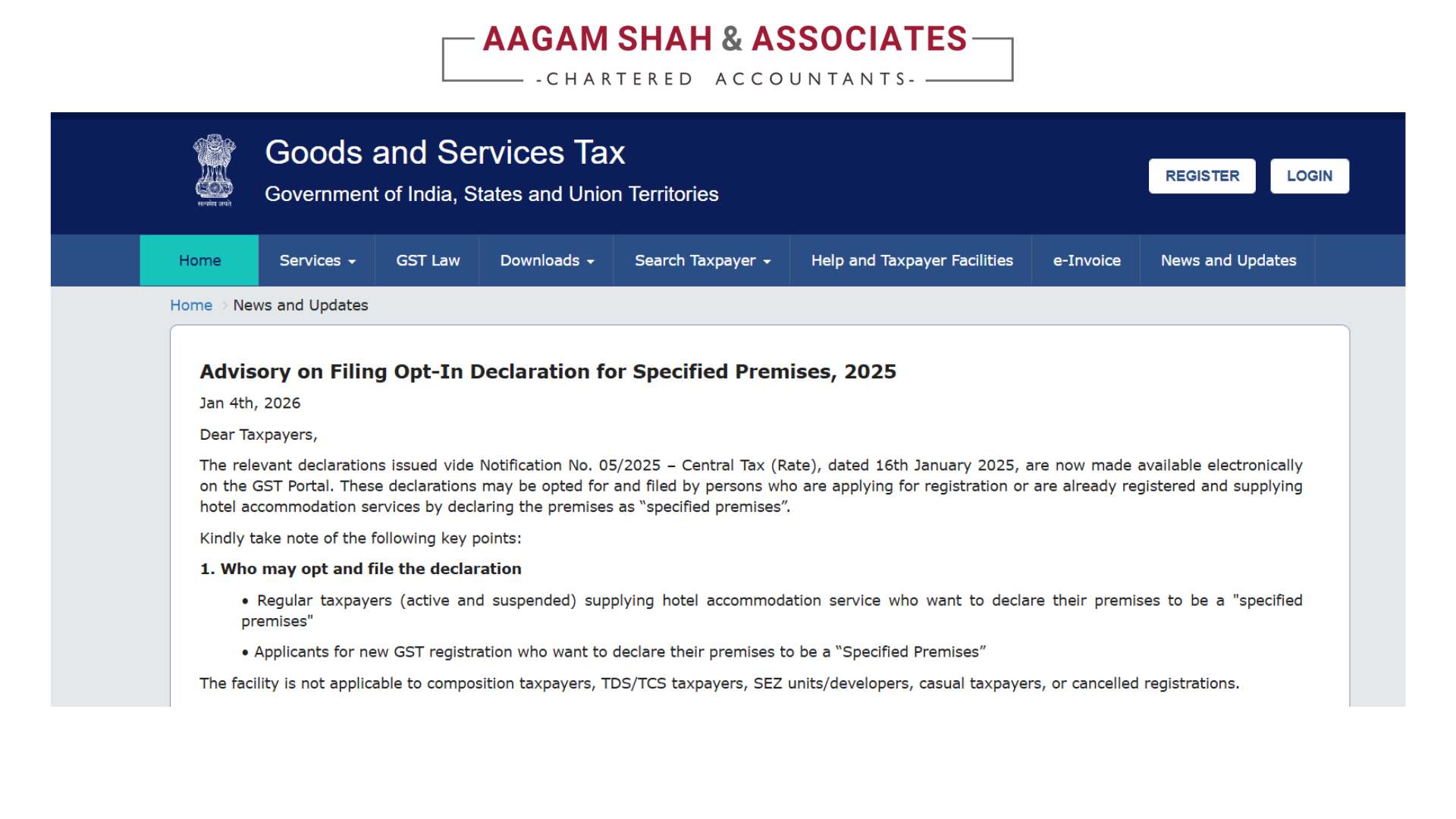 Advisory on Filing Opt In Declaration for Specified Premises under GST